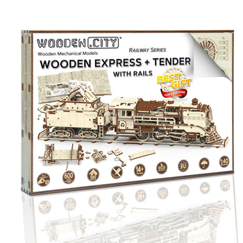 Wooden Express plus Tender with rails - mechanical model by Wooden City - Mechanical Models UK - Wooden City